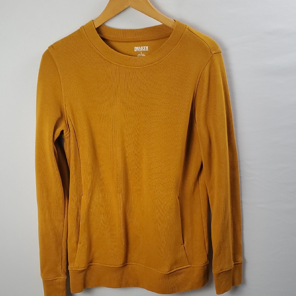 Duluth Trading Co Women's Rib Crewneck Thermal Knit Sweatshirt Sz S Mustard Boho